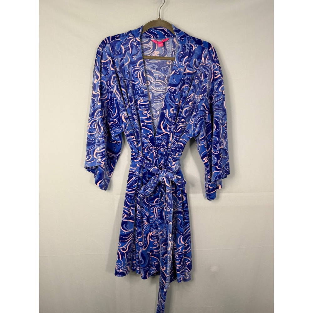 Lilly Pulitzer Robe Women L/XL Blue Pink Swirl Paisley Plush Short Wrap Belted